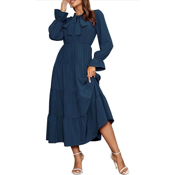 NEW Tiered Tie Neck High Waist A-Line Casual Maxi Dress M - Picture 1 of 4
